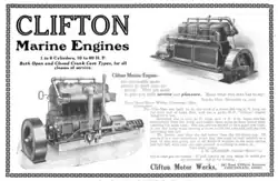 Advertisement for "Clifton Marine Engines". Text says "1 to 6 cylinders, 10 to 80 H.P. Both Open and Closed Crank Case Types, for all classes of service." There are two photos of a large engine with an exposed flywheel, front and rear views.