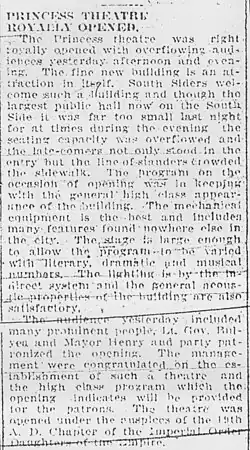 Clipping from Edmonton Bulletin describing the theatre's opening night.