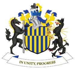 Arms of the Gateshead Metropolitan Borough Council: Or a Chief Azure overall five Pallets counterchanged.