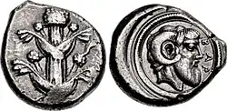Coin showing on one side a plant with sheathing leaves and on the other a profile portrait
