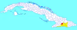 Contramaestre municipality (red) within Santiago Province (yellow) and Cuba