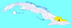 Cueto municipality (red) within Holguín Province (yellow) and Cuba