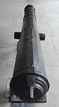 Culverin with the arms of Philippe Villiers de L'Isle-Adam, Rhodes. Caliber: 140 millimetres (5.5&nbsp;in), length: 339 centimetres (133&nbsp;in), weight: 2,533 kilograms (5,584&nbsp;lb), ammunition: 10 kilograms (22&nbsp;lb) iron ball. Remitted by Abdülaziz to Napoleon III in 1862.