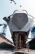 Stern view of Blue Ridge in Dry Dock, 1 September 1992.