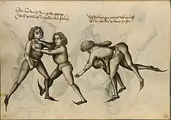 Wrestling in a fight book by Hans Talhoffer[69]