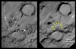 'Before and after' comparison images from Deep&nbsp;Impact and Stardust, showing the crater formed by Deep&nbsp;Impact on the right hand image.