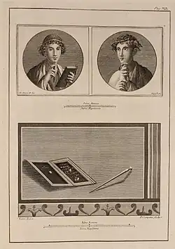 Three images: top, left and right, the "Sappho" portrait and the accompanying image of a young man; below, a drawing of a Roman writing-tablet.