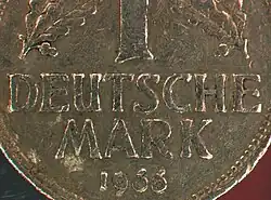 This Deutsche Mark coin shows blemishes and rim dents that would detract from its grade in appraisal. 3D red cyan glasses are recommended to view this image correctly.