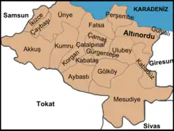 Map showing Korgan District in Ordu Province