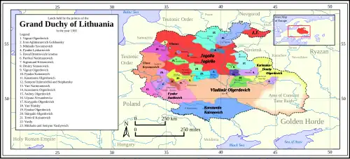 Rulers of the principalities of Lithuania in 1385. Jogaila Jagiełło is the Grand Duke.