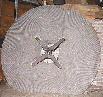 Millstone and shackle, X-shaped metal part