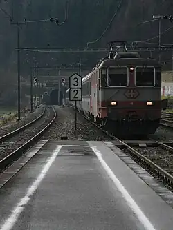 Photo of "Swiss-Express" train leaving the Albis Tunnel as seen from Sihlbrugg railway station