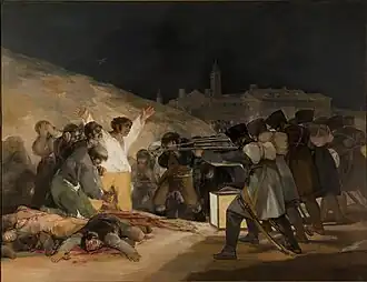 The Third of May 1808; by Francisco Goya; 1814; oil on canvas; 2.68 × 3.47&nbsp;m; Museo del Prado (Madrid, Spain)[206]