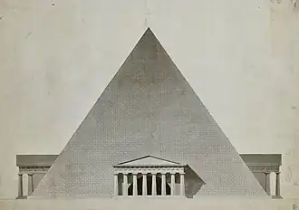 Architectural drawing of massive pyramid with classical columned temple entrance at its base