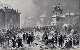 Black-and-white photo of a painting depicting the German entry into Orléans, 1870