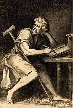 A line drawing of Epictetus writing at a table with a crutch draped across his lap and shoulder