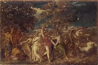 Large number of semi-naked people, crudely painted