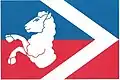 Flag of Evaň, Czech Republic, with a fly-pointing chevron separate from the hoist