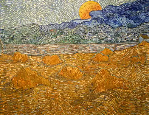 A squarish painting of a darkened wheatfield of stacks, with a river and mountains in the background under a rising full moon.