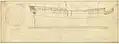 Plan showing Experiment's body with quarter gallery decoration and figurehead, and longitudinal half-breadth proposed and approved in 1774, a 50-gun Fourth Rate, two-decker. The plan includes a table of the mast and yard dimensions.