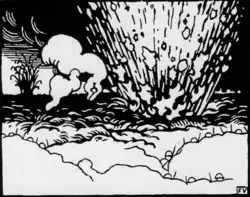 Black-and-white woodcut depicting an explosion over trenches with soldiers.