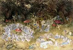 Although the fairy realm may be seen as benevolent, on the other hand, according to many folk tales, an invasion of the Fairy ring is perilous for men.[56] Fairy Rings by Richard Doyle, 1875.