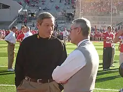 Iowa coach Kirk Ferentz and Ohio State coach Jim Tresseltalk on the field before their teams played on November 14, 2009.