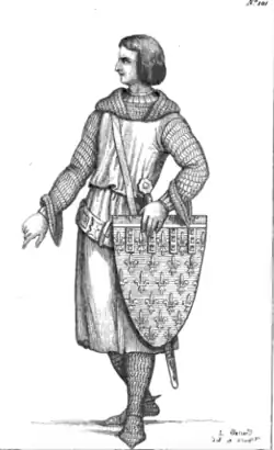 A black and white portrait sketch of a man in mediaeval costume carrying a sword and shield