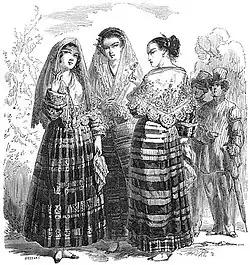 Filipina mestizas from the early 1800s with pañuelos over baro't saya, by Paul de la Gironiere
