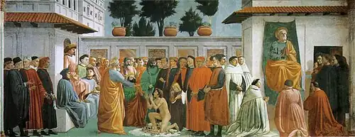 XV=Raising of the Son of Theophilus and St Peter Enthroned, Masaccio