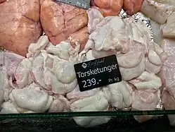 Raw cod tongue (Norwegian: torsketunger) at a fish market