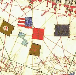 Flags of the Serbian Kingdom (one depicting Serbian eagle while other Serbian cross), Gabriel de Vallseca map (14th c.)