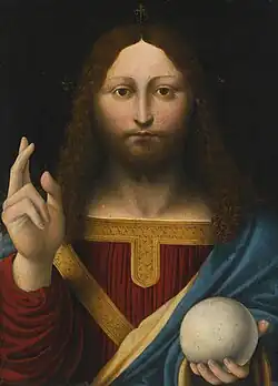 Lombard follower of Leonardo da Vinci (possibly Marco d'Oggiono), Salvator Mundi (16th century), private collection, formerly the Art Gallery of Ontario.[150]
