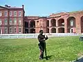 Courtyard and reenactor.