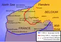 Westhoek map with historical language divisions and Dutch toponyms