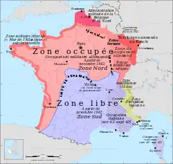 Map of France with the demarcation line during the occupation.