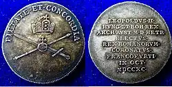 Coronation in Frankfurt am Main 9 October 1790. Silver strike of a coronation coin with Leopold's motto "pietate et concordia" above the Imperial Regalia.