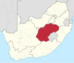 Map showing the location of the Free State in the central part of South Africa
