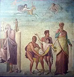 A peristyle fresco from Pompeii showing Calchas presiding over the sacrifice of Agamemnon's daughter, Iphigeneia, as the divine price for winds to carry the fleet to Troy.