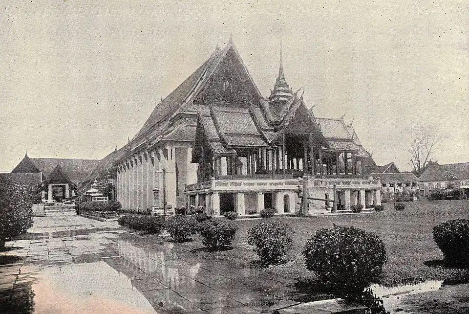 An aerial view photograph showing traditional Thai architecture buildings of the Front Palace complex in the past.