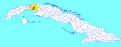 Güines municipality (red) within Mayabeque Province (yellow) and Cuba