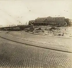 Galveston Electric Co. tracks through City Park adjacent to Hotel Galvez after the 1915 Galveston Hurricane