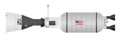 Drawing of a spacecraft and a rocket stage docked together