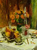 Intérieur avec table couverte et verres de champagne, fruits et asters de Chine, 1919