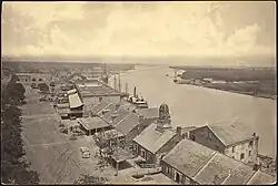 Businesses on the bluff in the mid 19th century, looking northwest along the Savannah River