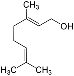 2D representation of the chemical structure of geraniol.