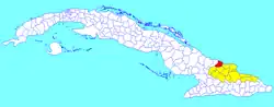 Gibara municipality (red) within Holguín Province (yellow) and Cuba