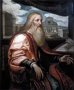Patronage portrait of Giovanni di Paolo Rucellai, in the background his principal works in Florence: Palazzo and Loggia Rucellai, the façade of Santa Maria Novella and the Tempietto of the Holy Sepulchre. Oil on board, attributed to Francesco Salviati, c. 1540.