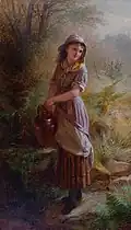 Girl in purple dress and yellow scarf collecting water from a well
