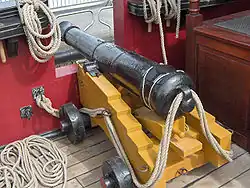 A smooth-bore, cast-iron ship's cannon, from the Grand Turk, a replica of a mid-18th century three-masted frigate